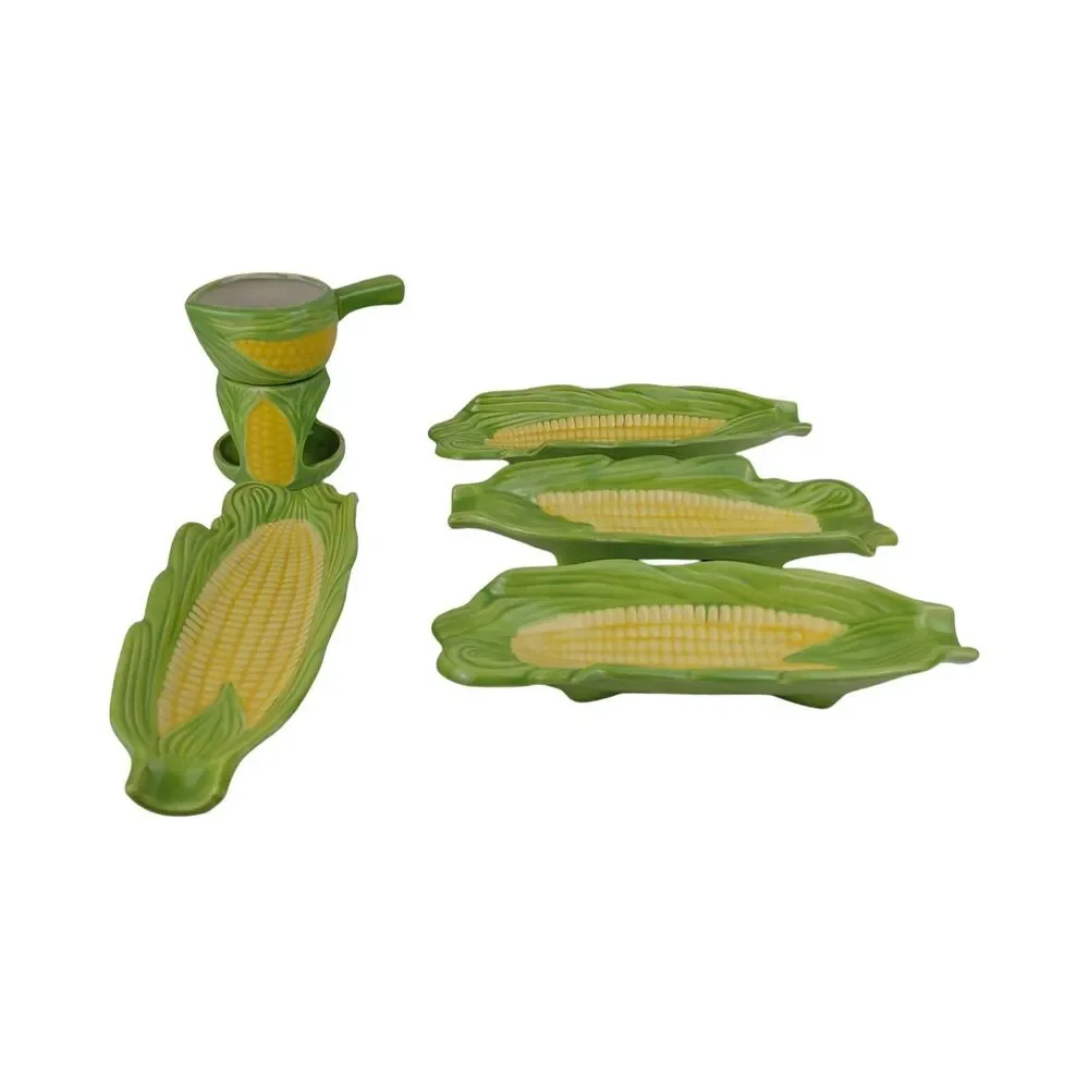 Ceramic Corn On The Cob Figural Plates (4) & Butter Warmer Serving Vintage